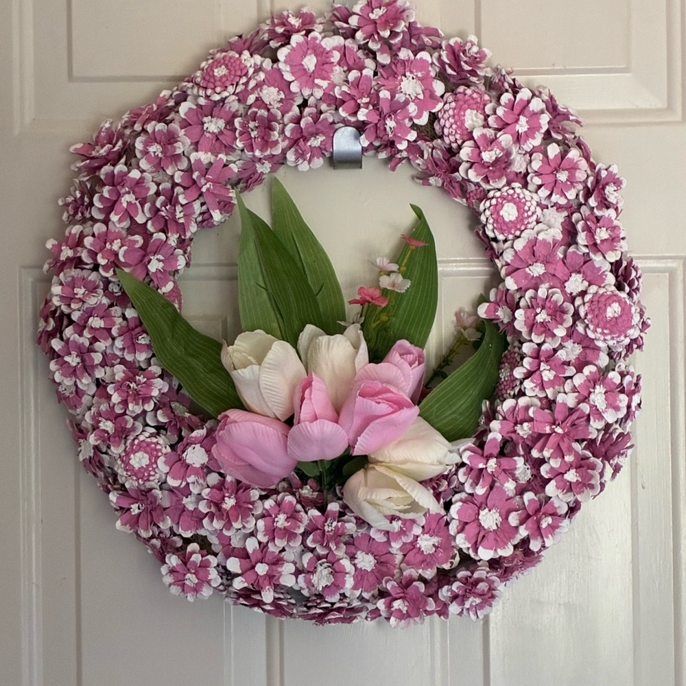 Pink and White Floral Pinecone  Wreath